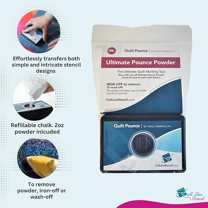 Full Line Stencil - Ultimate Quilt Pounce Pad with Refillable Iron-Off Chalk Powder, for Design Transfer and Fabric Marking Using Quilting Stencils – 2 oz White Chalk Included (QPU)