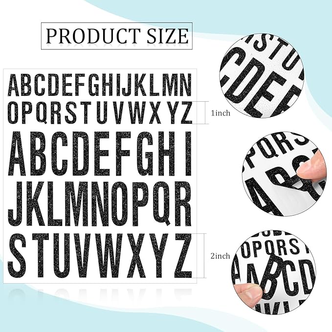8 Sheet Glitter Letter Stickers Vinyl Alphabet Stickers Waterproof Self Adhesive Stick on Letters for Poster Bulletin Board Mailbox School Classrooms Decor(1 Inch, 2 Inch,Black)