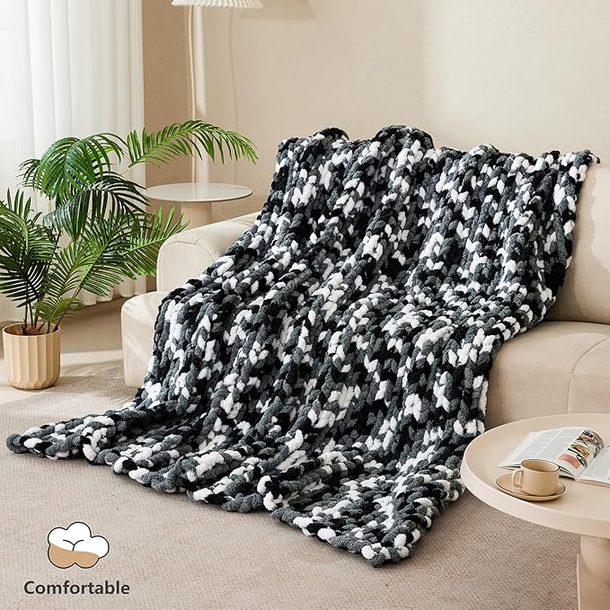 Chunky Yarn for Hand Knitting - #10 Chunky Chenille Blanket Yarn, Jumbo Big Thick Chunky Yarns for Crocheting, Tie Dye Bulky Knit Yarns, 8 Skein (25 yds 8 oz Each Skein), Black & Grey & White