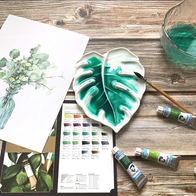 Bower Bird Porcelain Watercolor Palette 6.7in Monstera Leaf Artist Professional Ceramic Palette (Porcelain)