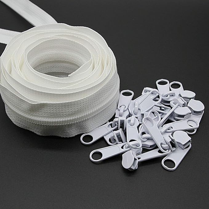 Leekayer #3 White Nylon Coil Zippers by The Yards Bulk 10 Yards with 25pcs Sliders for DIY Tailor Sewing Craft,Bag,Luggage,Dress,Sofa Cushion,Pillow(White)