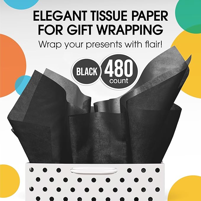Party Solids Black Tissue Paper for Gift Bags - 20" X 30" Bulk Tissue Paper Black 480 Sheets - 10lb Newsprint for Packing, Birthday Gift Box Filler, Packing Supplies for Moving Supplies