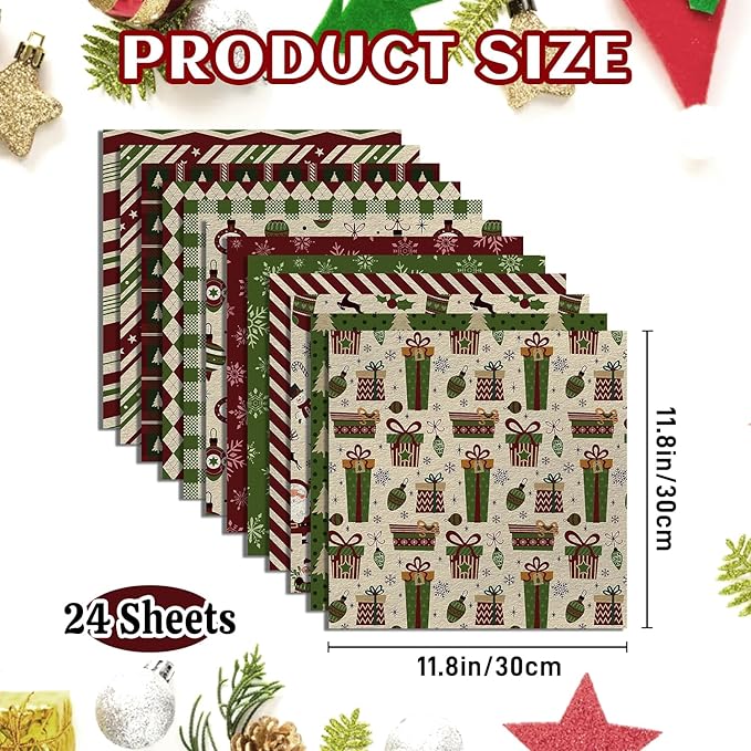 24 Sheets Christmas Scrapbook Paper 12'' × 12'' Double-Sided Xmas Red Green Pattern Paper Decorative Art Cardstock for Holiday DIY Crafts Card Making Scrapbook Supplies