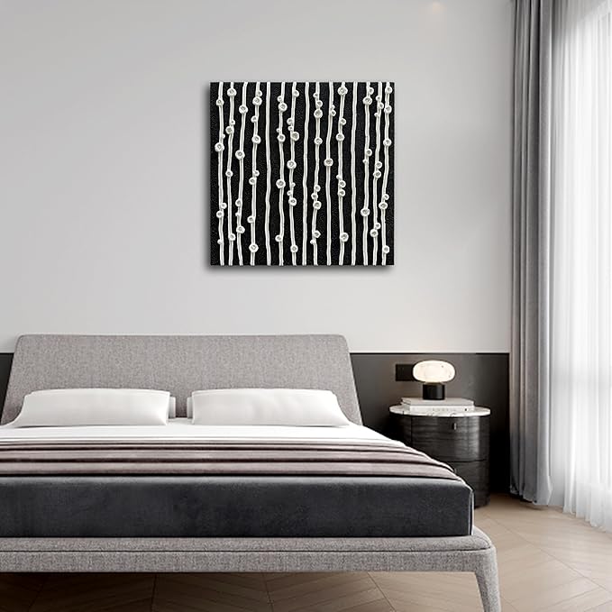 NANKAI Art Hand-Painted Black and White Thick-Textured Abstract Painting Contemporary Minimalist Canvas Oil Painting, Home Office Wall Decoration Art, 24x24 inches