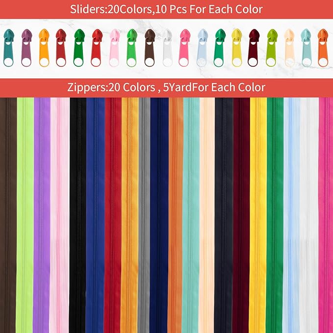 WILLBOND 100 Yards 20 Pcs Sewing Zippers Bulk #5 Nylon Coil Zippers 20 Color Assorted Zipper for Sewing with 200 Zipper Sliders for DIY Tailor Bags Purses Crafts Supplies(Soft Color)