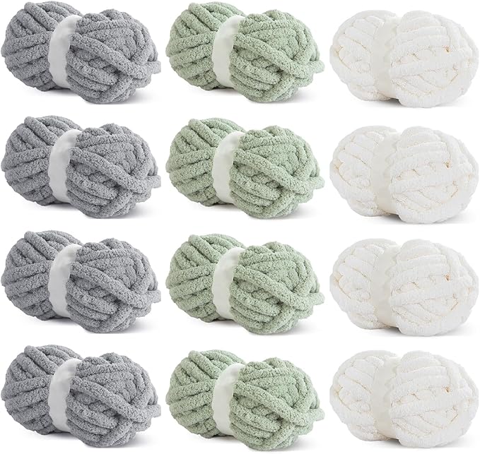 HOMBYS 12 Pack Chunky Yarn for Crocheting,Super Bulky Large Soft Fluffy Yarn,Plush Fuzzy Yarn,Thick Chenille Yarn for Hand Knitting/Arm Knitting,4 Cream,4 Light Grey,4 Sage Green(Each 27yds,8 oz)