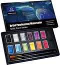 Shimmer Watercolor Paint Set, 12 Colors Glitter Metallic Watercolour Painting Sets, Solid Pearl Water Color Paints for Artists, Amateur Hobbyists and Painting (12 Colours)