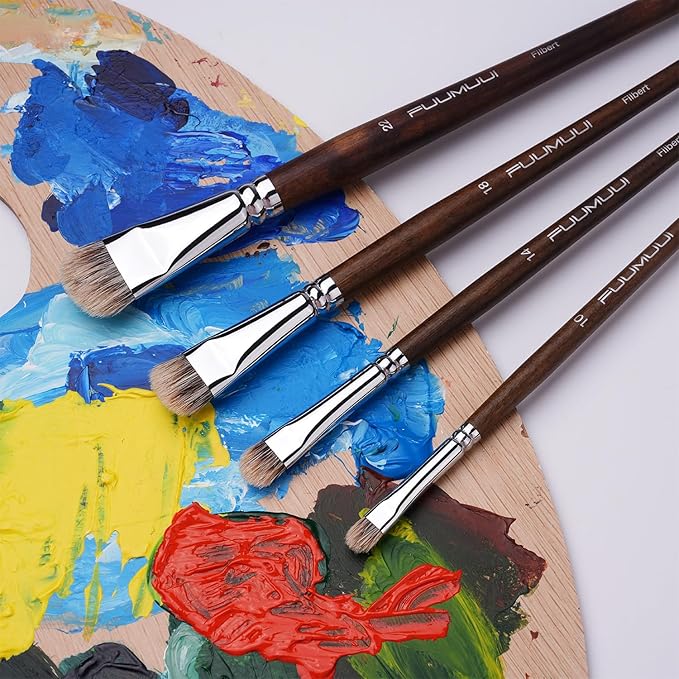 Fuumuui Professional Paint Brush Set, 4Pcs Natural Badger Hair with Filbert Shape Blending Mop Oil Paint Brushes for Acrylic Painting Oil and Gouache