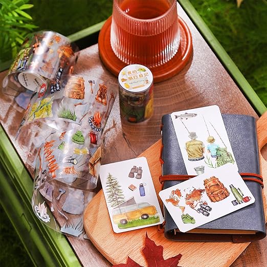 6 Rolls Travel PET Tape Set with Clip, Camping and Adventure-Themed Sticker Tape for Journaling, Scrapbooking, and DIY Crafts