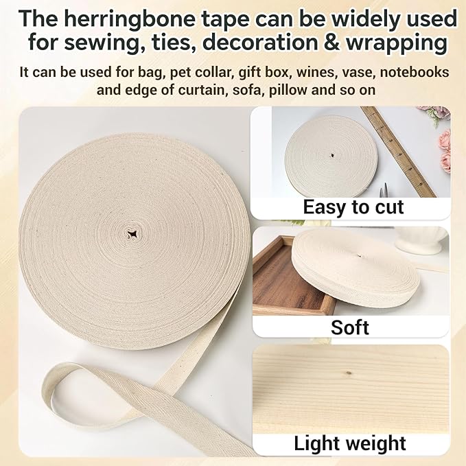 3/4 inch Natural White Herringbone Twill Tape for Sewing,Tags, Ties,Gift Wrapping Home Deco -40 YardsCotton Webbing Straps-Bias Binding Tape for Handles,Hoodie, DIY Crafts&Projects
