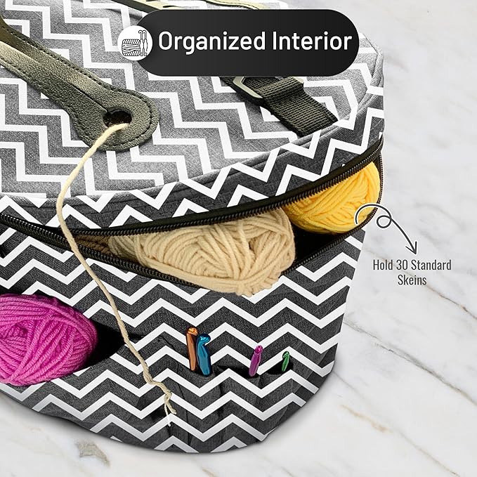 Crochet Storage Bag – Compact Yarn Organizer for Crocheting on the Go, Holds Hooks, Needles & Supplies – Zigzag Gray