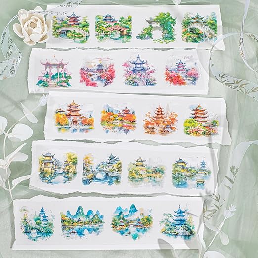 6 Rolls Garden Courtyard Landscape PET Tape Set, Pre-Cut Scenery Stickers for Journaling, Scrapbooking, and DIY Crafts, with Decorative Clip