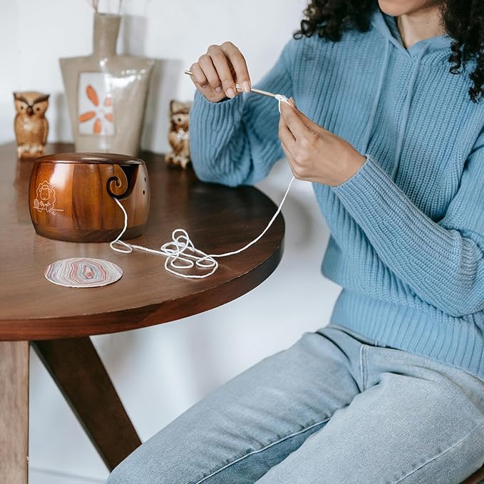 Wooden Yarn Bowl,Yarn Bowl with Lid, Knitting Yarn Bowl with Holes Storage,Yarn Holder Bowl for Crocheting and Knitting 7.2X4.2in,Crochet Bowls for Yarn,Knitting Bowl for Handmade Crocheting