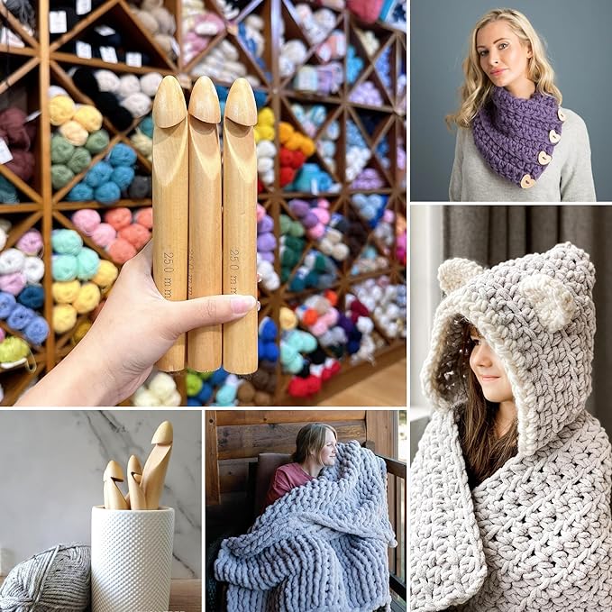 Bamboo Crochet Hooks Set - 15mm(P/Q), 20mm(S), 25mm(U) 3PCS Giant Hooks with Portable Case - Perfect for Big Loop or Extra Bulky Yarn Projects