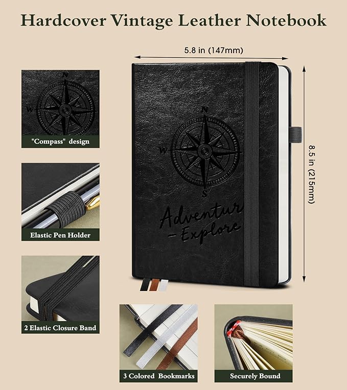 Lined Journal Notebook for Women Men, 160 Pages, A5 Hardcover Vintage Leather Journaling Notebooks for Work, School, Note Taking, Travel, Bible Study, Daily Diary for Writing 5.8"x8.5" (Black)