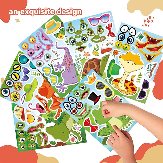 24 PCS Make-a-face Sticker for Kids, Make Your Own Reptile Animal Mix and Match Sticker with Snakes, Lizards, Frogs, Turtles, Kids Party Favor Supplies Craft