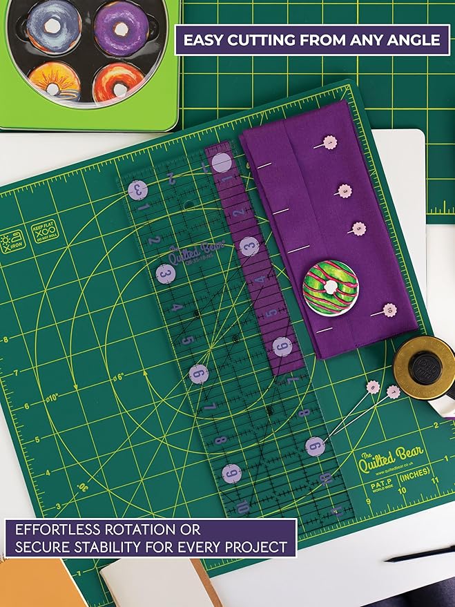 The Quilted Bear Rotating Cutting Mat 18" x 18" - Square 360° Rotating Self Healing Mat with Innovative Locking Mechanism for Quilting & Sewing Your Choice of Colours Available! (Green)