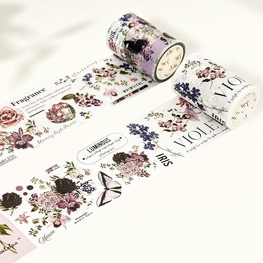 WT Pre-Cut Violet Veil Wide Washi Tape, Single Roll, Soft Lilac Florals & Misty Backgrounds with Script, Decorative Japanese Paper for Journaling, Scrapbooking, Planner, DIY Crafts, 65mm x 5m