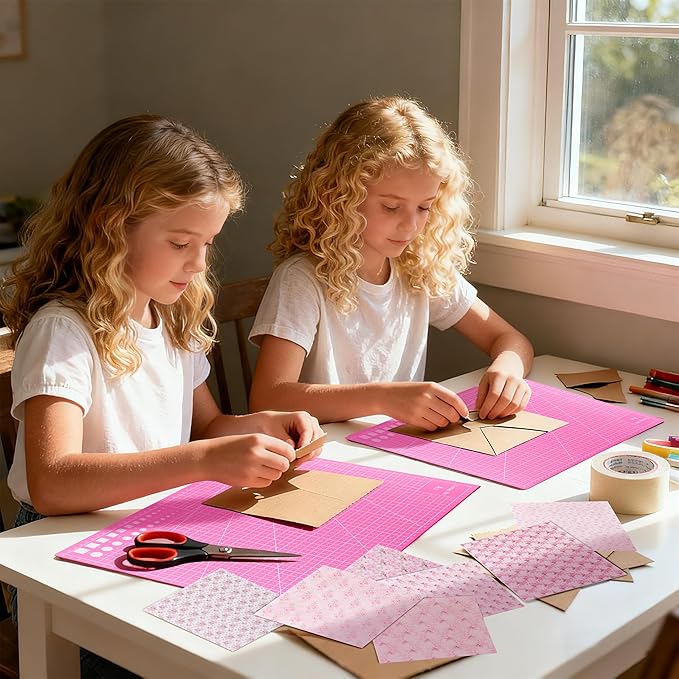 Self Healing Cutting Mat 12x9 inch A4 Size, Double-Sided Grid & Non-Slip Surface for Rotary Cutting, Sewing, Quilting, Craft with 12 Bonus Papers - Pink