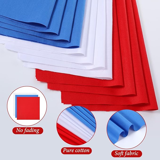 100 Pieces 10 x 10 Inches Cotton Fabric Squares Precut Quilting Fabric Bundles Solid Colors Layer Cakes Quilt Material for DIY Craft Sewing Embroidery(Red, White, Blue)
