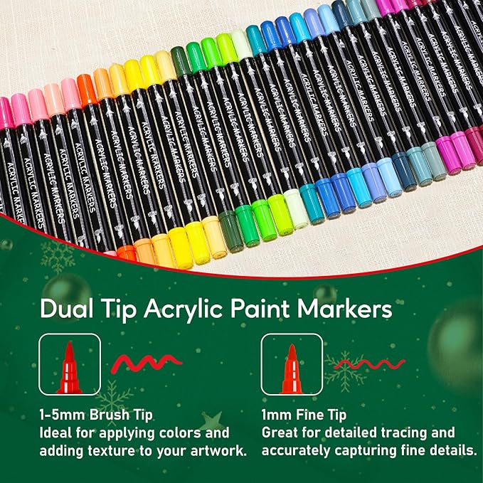 48 Colors Acrylic Paint Markers, Dual Tip with Precision Fine Tip and Versatile Brush Tip Pens for Creative DIY, Crafting, Stone, Wood, Canvas, Glass, Metal, and More
