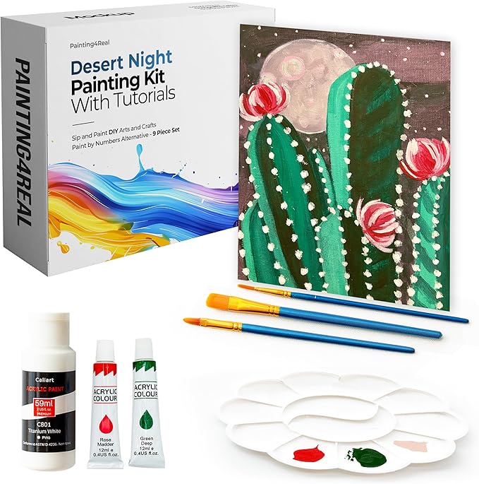 Painting4Real DIY Art Painting Kit for Adults – Learn to Paint Desert Night with Video Tutorials – 9 Pieces Acrylic Paint Set for Adults –Perfect Christmas Crafts & Holiday Gifts for Art Lovers
