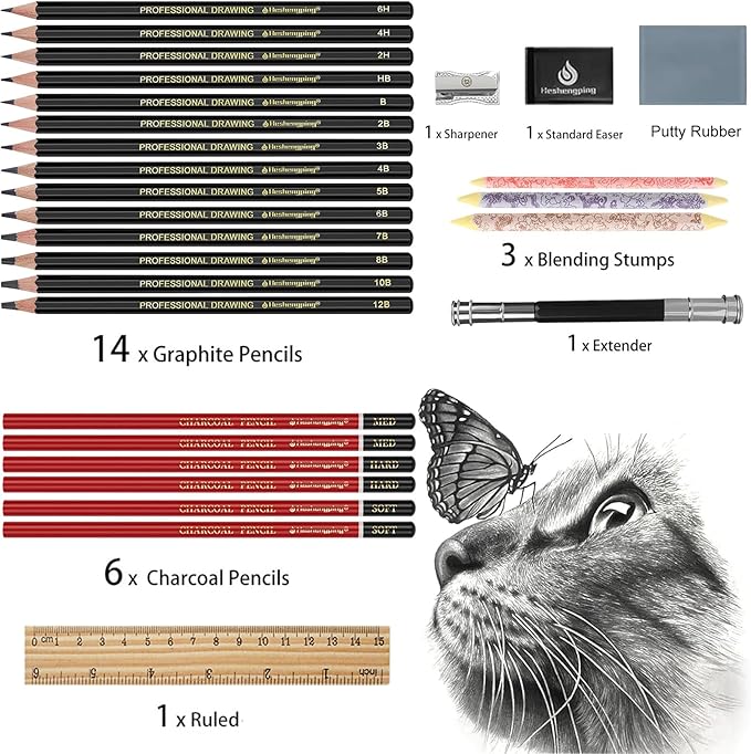 Heshengping Drawing Pencils Sketch Pencil Art Supplies Set for Kids Adults beginners Professional Sketching Art Graphite Charcoal Blending Stump Pencils kit