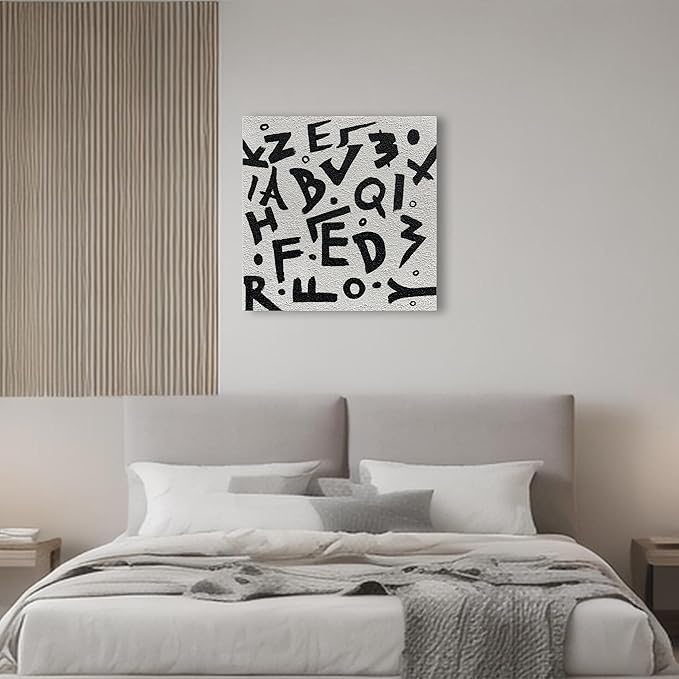 Art 24x24 inch Hand-Painted Black and White Letter Texture Art Oil Painting in Modern Abstract Style. Suitable for Wall Decoration in Home Office