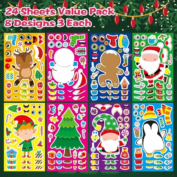 24 Sheets Christmas Stickers for Kids - Xmas Stocking Stuffers, Make-a-face Sticker, Make Your Own Stickers, Christmas Party Games Decorations, Winter Holiday Craft Supplies Xmas Gifts