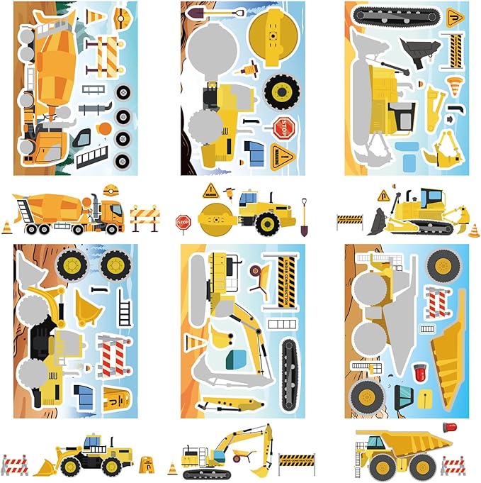 24 Sheets Make Your Own Construction Vehicle Stickers for Kids Boys, Make-a-Face Engineering Vehicles Fire Trucks Excavator for Construction Themed Party Favors
