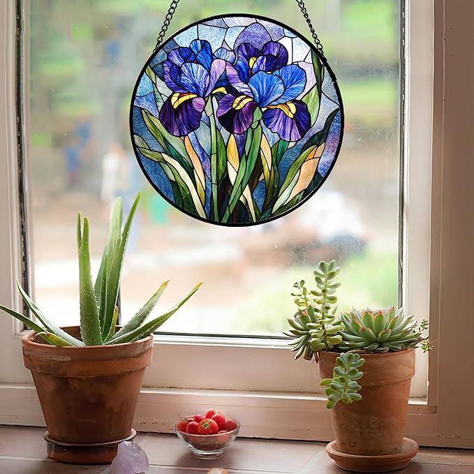 Stained Glass Window Hanging - Blue Purple Iris Flower Suncatcher for Door Garden Patio Sun Catchers Decor Christmas Mother's Day Birthday Gifts for Women Men Mom Nana Aunt Friend 7.8 in