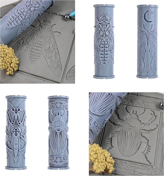 Enchanted Insect Collection Clay Texture Rollers 4-Pack (4") - Insect Set #01 - Embossing Pattern Rollers for Polymer & Ceramic Clay, Pottery & Crafts
