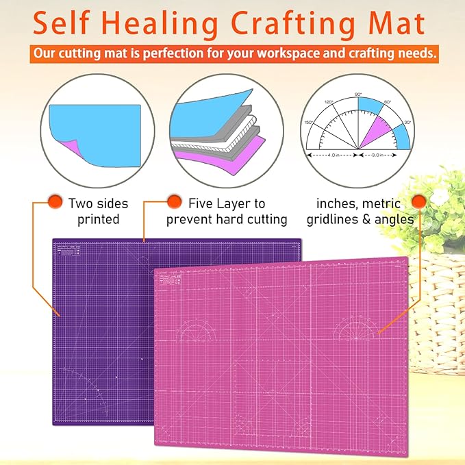 Self Healing Cutting Mat A3 12"x18" – Double Sided 5-Ply Craft Mat for Sewing, Quilting, Fabric, Scrapbooking – Pink/Purple