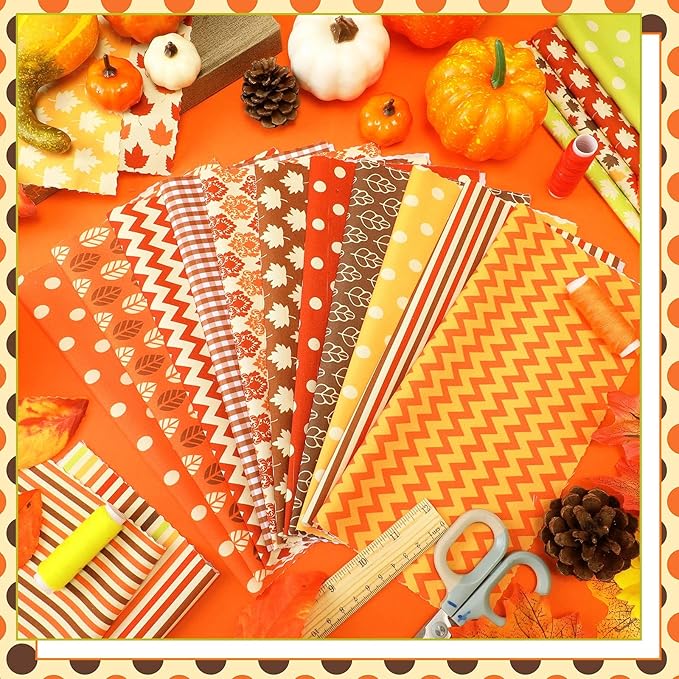 HunnmingRe 20 Pcs 10''x10'' Fall Quilting Fabric Square Thanksgiving Maple Leaf Stripes Dots Quiltted Fabric Bundle Multicolor Precuts Printed Patchwork Supplies for Autumn Harvest DIY Sewing Craft