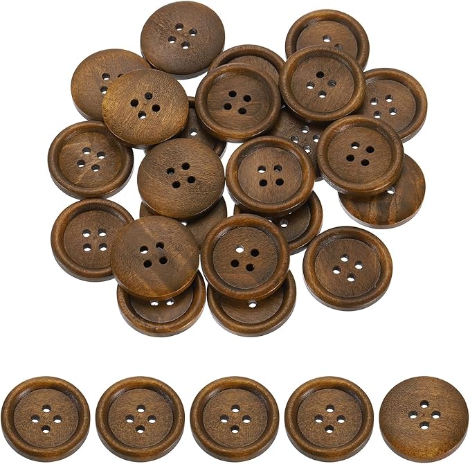 uxcell 50Pcs Wooden Buttons, 25mm(1") 4 Hole Round Wood Sewing Button Craft Flatback for Sewing DIY Craft Clothing, Brown
