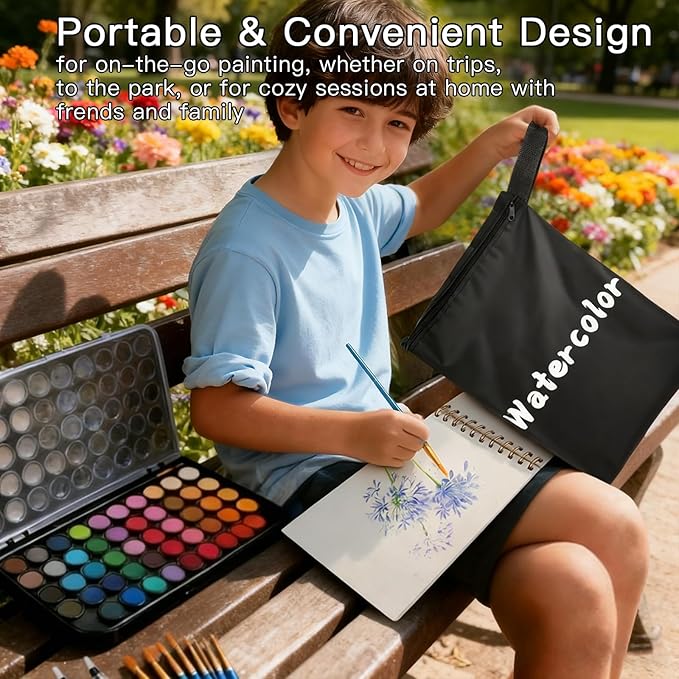Watercolor Paint Set,48 Colors Watercolor Paint Gift Box 30Page Artist Paper-10 Brushes-Palette Travel Design Storage Bag,for Christmas Gifts Card Making,Artists Beginners,Kids Water Colors Paint Adult Set.