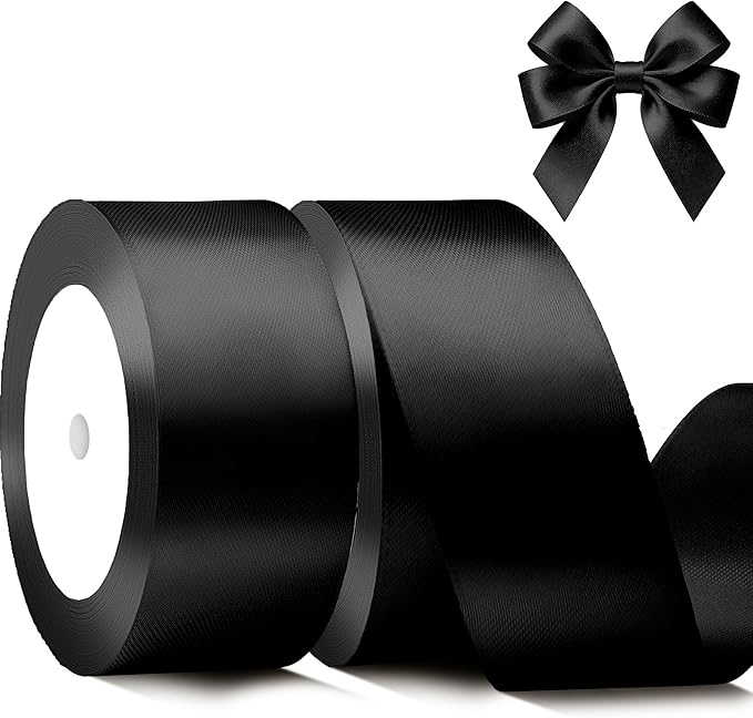 Black Satin Ribbon 1-1/2 Inch x 2 Rolls Black Wide Satin Fabric Ribbon for Gift Packaging, Christmas, Wedding, Flower Bouquet, Holiday Party, Invitation