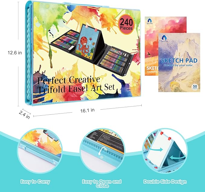 VigorFun Art Supplies, 240-Piece Drawing Art Kit, Gifts Art Set Case with Double Sided Trifold Easel, Includes Sketch Pads, Oil Pastels, Crayons, Colored Pencils, Watercolor Cakes, Stickers (Cyan)