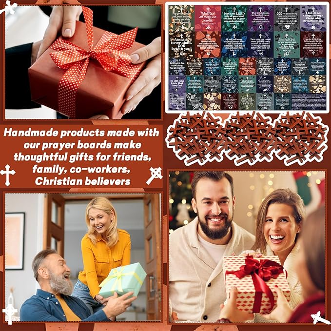 Pocket Prayer Quilt Panel Squares with Small Wooden Crosses Mini Scripture Pocket Prayer Quilt for Friend Family Religious Spiritual Gift Easter Reward Gift(Retro1,Brown)