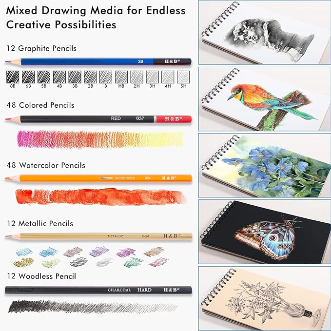 H & B 150PCS Drawing Pencils Set with Portable Zipper Bag – Professional Sketching & Art Supplies Kit with Sketchpad and Colored Pencils for Adults, Kids & Artists