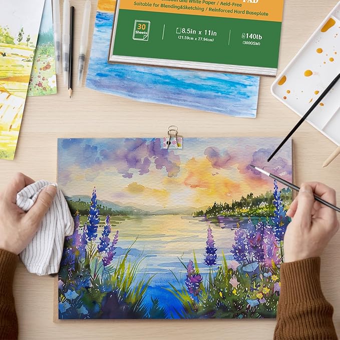 Tlenpo Watercolor Paper Pad, 8.5 x11 in, 30 Sheets Artist Painting Drawing Paper Book, Art Supplies for Adults Kids, 140lb/300gsm, Glue Bound Watercolor Sketchbook for Watercolors, Art Painting