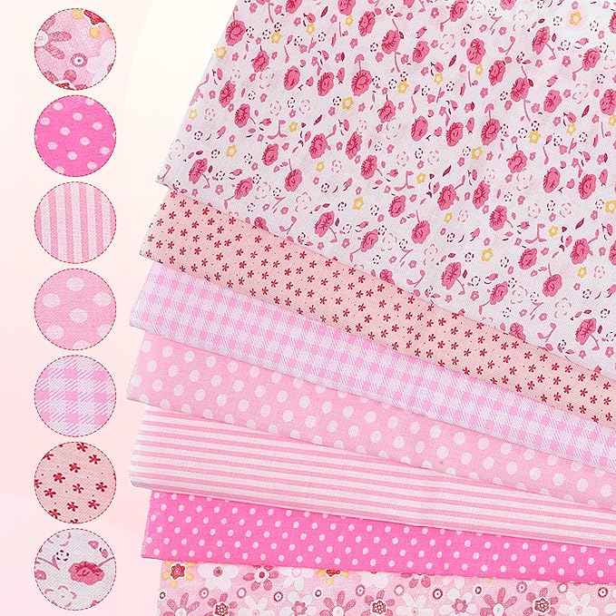 PATIKIL Cotton Fabric Bundles, 7 Pcs 10 x 10 Inch Pure Cotton Fat Quarter Floral Printed Precut Fabric Squares for Sewing Patchwork Quilting DIY Crafts, Pink