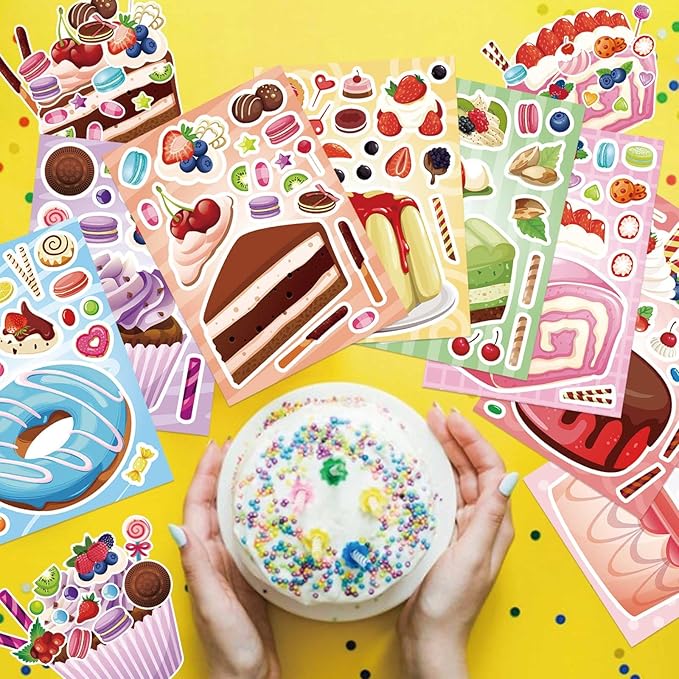 24 Sheets Make a Cake Sticker for Kids, Make Your Own Dessert Mix and Match Stickers with Cupcakes, Puddings, Swiss Rolls, Fruit & Sweets Stickers for Classroom Birthday Parties Supplies Crafts