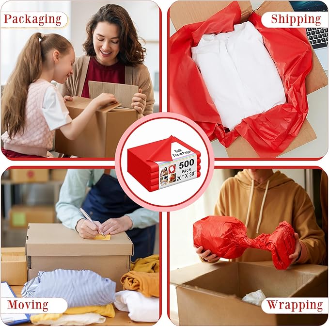Qilery 500 Sheets Red Tissue Paper Bulk for Gift Bags 20 x 30 Inch Acid Free Wrapping Paper Sheets for Valentine's Day Chinese New Year Decoration DIY Craft, Packing Supplies for Moving, Wedding Party