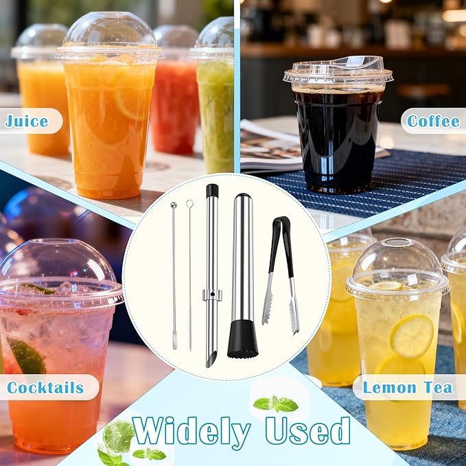 5Pcs Straw Hole Puncher Set, Luxiv 304 Stainless Steel Straw Puncher for Plastic Lids Hole Punching Tools for Drinks Coffee Lemonade Stand Tool Set with Muddler, Stirring Rod, Ice Tweezers, Brush