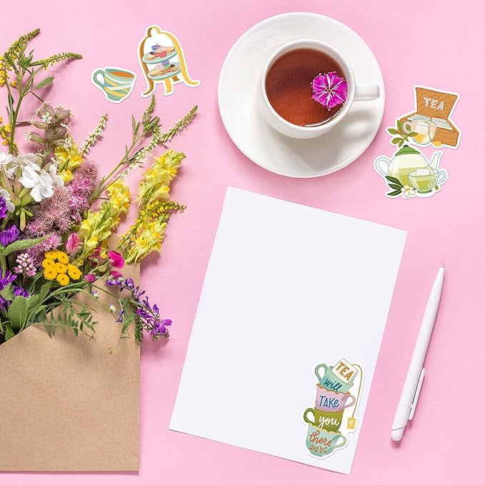 Navy Peony Calming Tea Stickers (26 Pieces) - Relatable Quotes, Gouache Style, Waterproof | Cute Tea Party Stickers for Cups, Laptops, and Journals