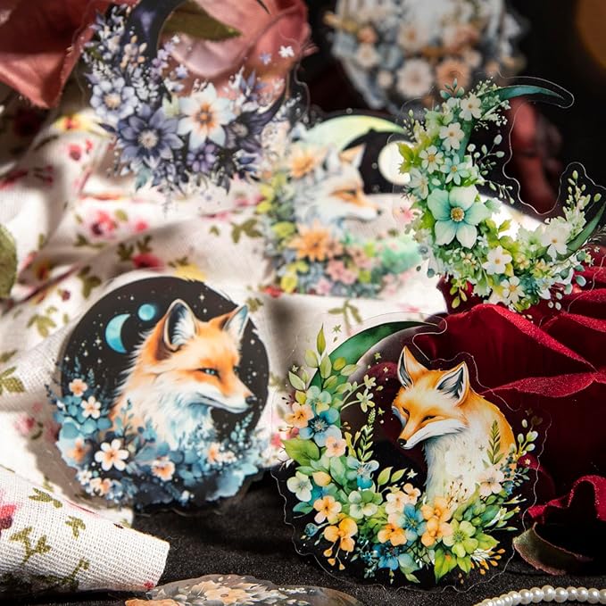 120Pcs Fantasy Moon Flower Scrapbook Stickers - Clear Waterproof Moonlit Floral Forest Fox Owl Stickers for Scrapbooking,Junk Journals,Planner,Art Projects