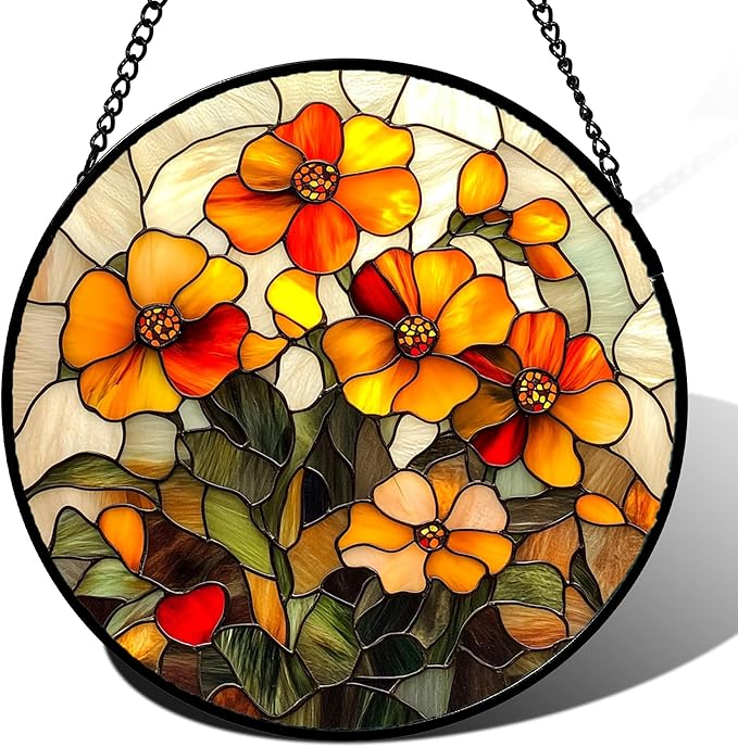 Stained Glass Window Hanging - Orange Marigolds Flowers Suncatcher for Door Garden Yard Sun Catchers Decor Christmas Mother's Day Birthday Gifts for Women Mom Nana Girlfriend Men 7.8 in