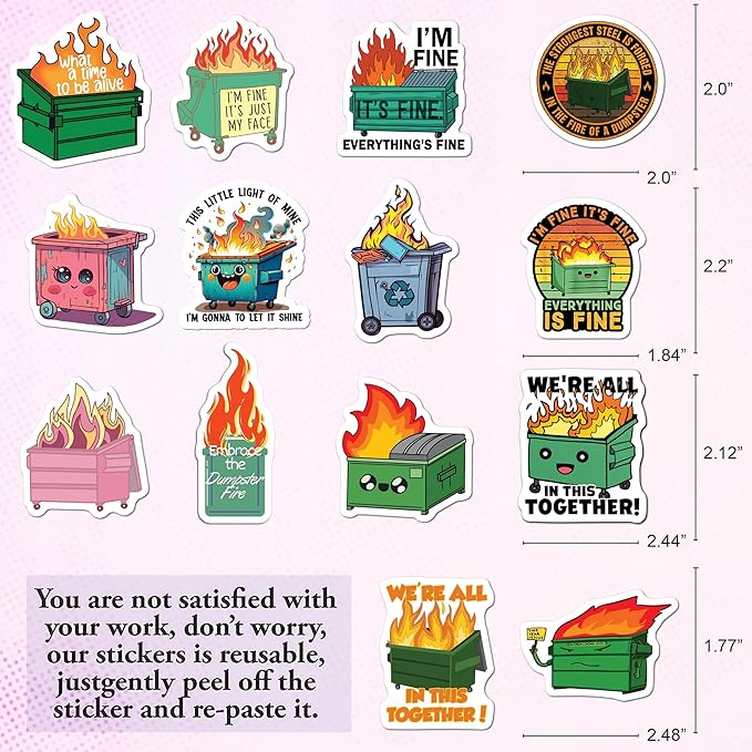 BEATRI Dumpster fire Stickers 50Pcs Vinyl Waterproof Decals for Water Bottles, Journaling,Laptop, Skateboard, Computer, Phone & Travel Gear | Non-Repeating Decals, High-Definition Print