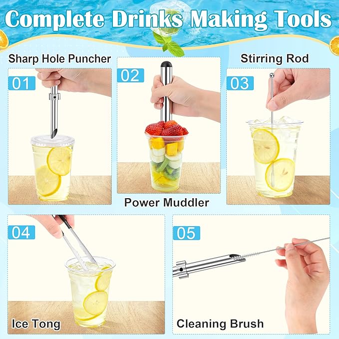 5Pcs Straw Hole Puncher Set, Luxiv 304 Stainless Steel Straw Puncher for Plastic Lids Hole Punching Tools for Drinks Coffee Lemonade Stand Tool Set with Muddler, Stirring Rod, Ice Tweezers, Brush